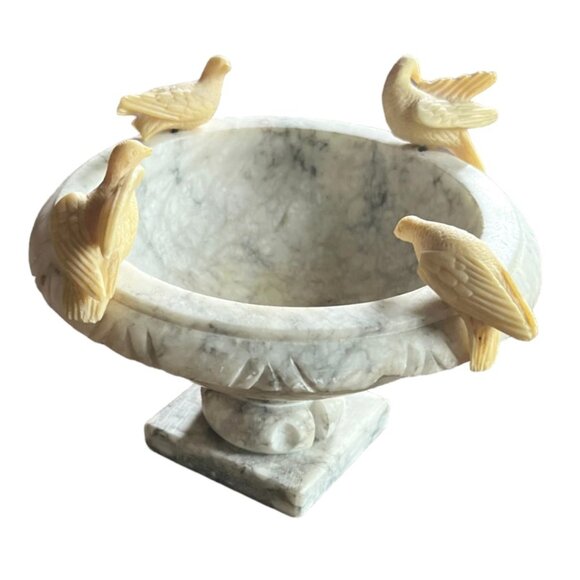Vtg Hand Carved Italian Marble Pedestal Bird Bath/Fruit Bowl w/4 Removable Doves - Picture 1 of 16